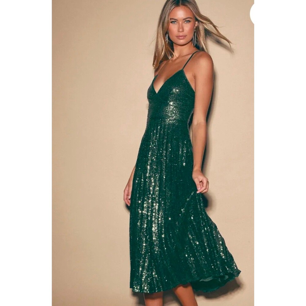 Vision of Elegance Forest Green Sequin Pleated Midi DressLulus